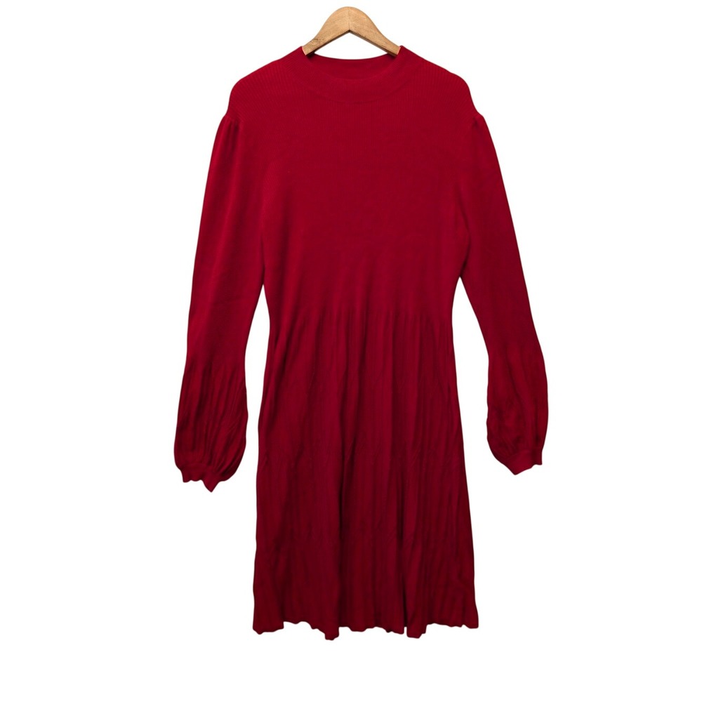 Draper James RSVP Red Ribbed Puff Sleeve Fit and Flare Sweater Dress XXL FA22